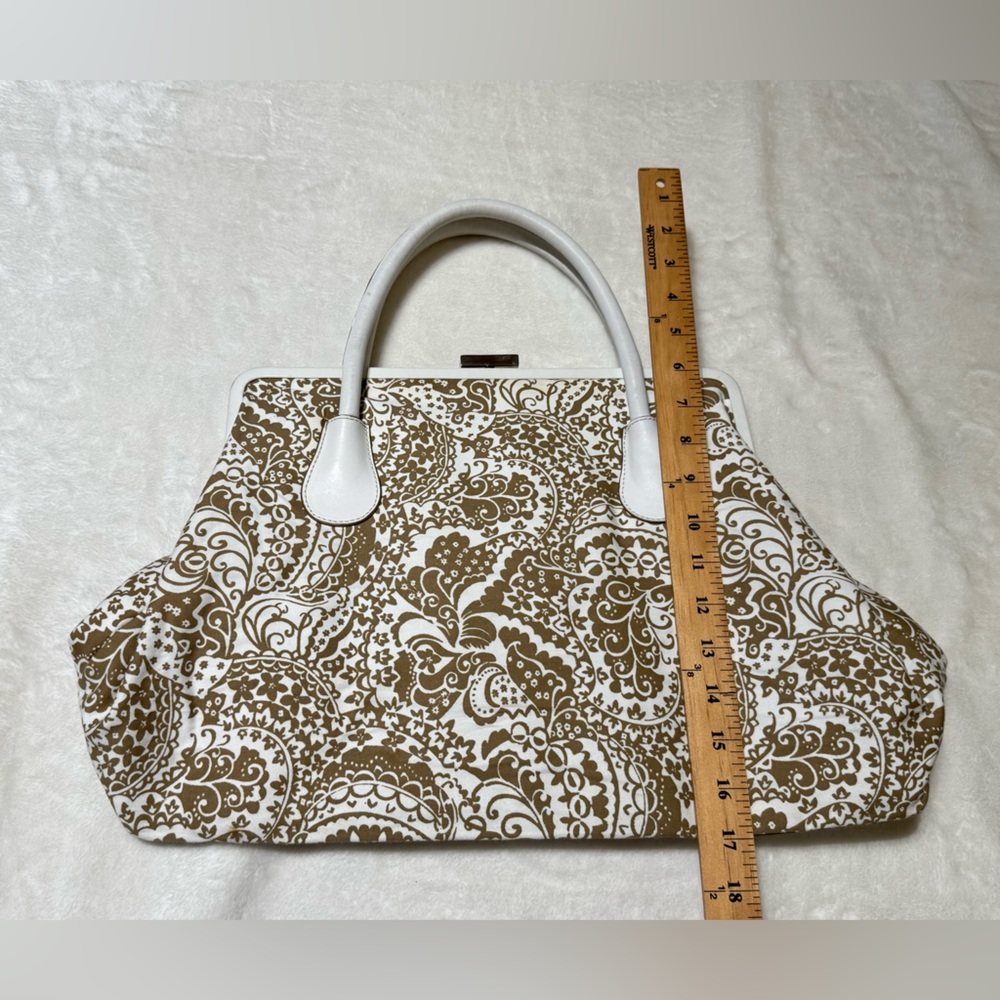 Express White & Light Brown Paisley Fabric Oversized Satchel Bag. Express clasp - Picture 3 of 15
